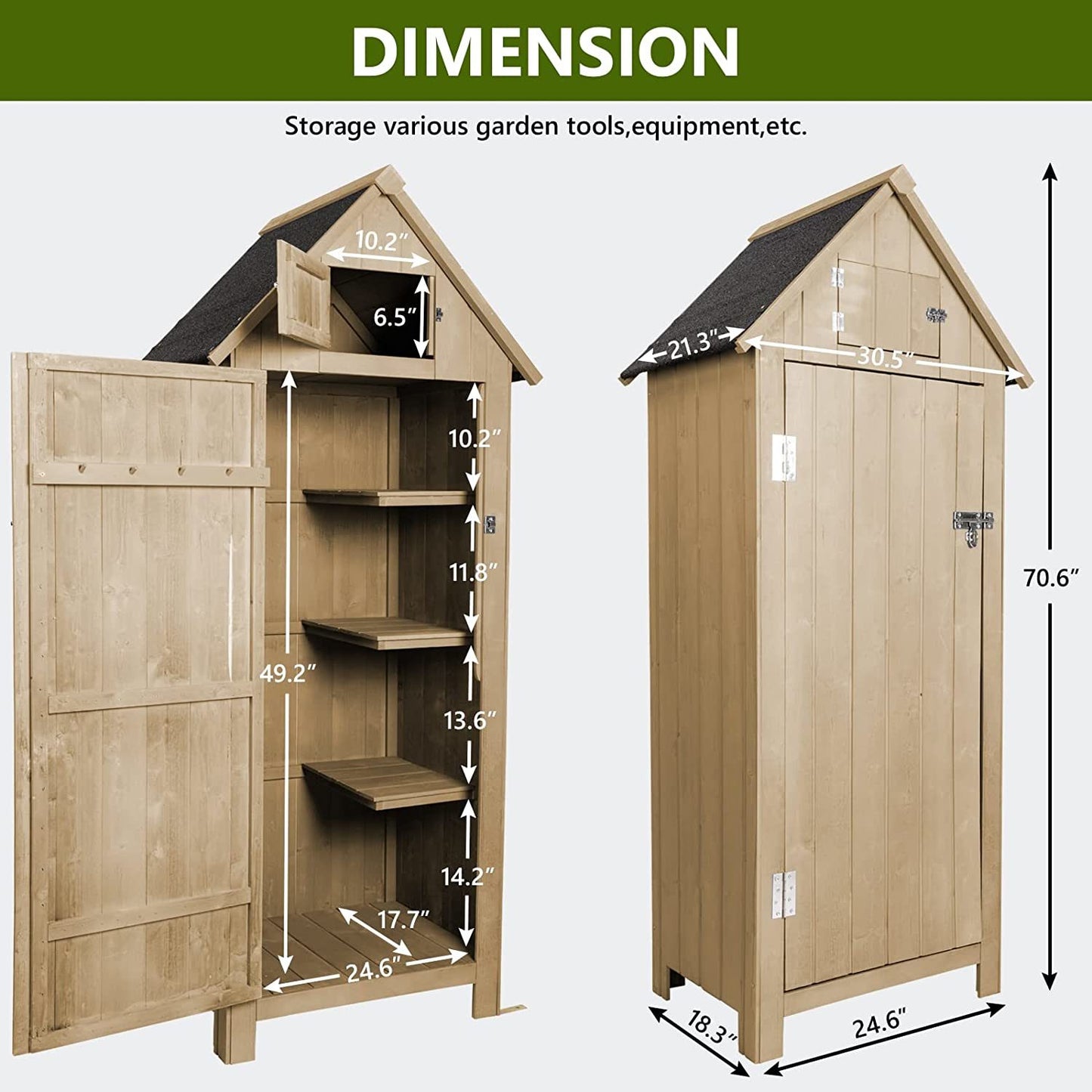 Outdoor Garden Storage Shed;  Outside Tool Sheds with Floor;  Hooks and Asphalt Waterproof Roof; Sheds & Outdoor Storage - 30.5\" W x 21\" D x 70.6\" H