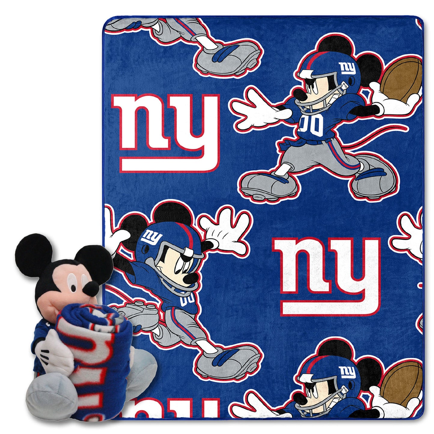NY Giants OFFICIAL NFL & Disney's Mickey Mouse Character Hugger Pillow & Silk Touch Throw Set;  40" x 50"