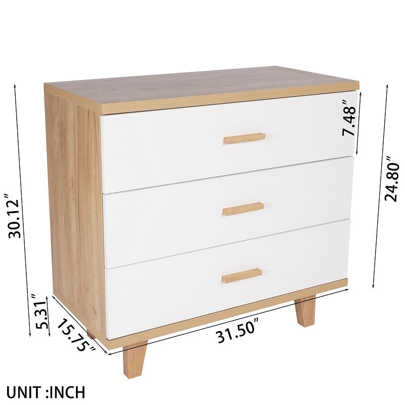 Three Drawer Storage Cabinet Chest Bedside Table  Dresser Simple Bedroom Furniture Solid Wood Feet and Handles Fashionable Bedside Cabinet (Out of Stock, 10TH Auguest arrive)