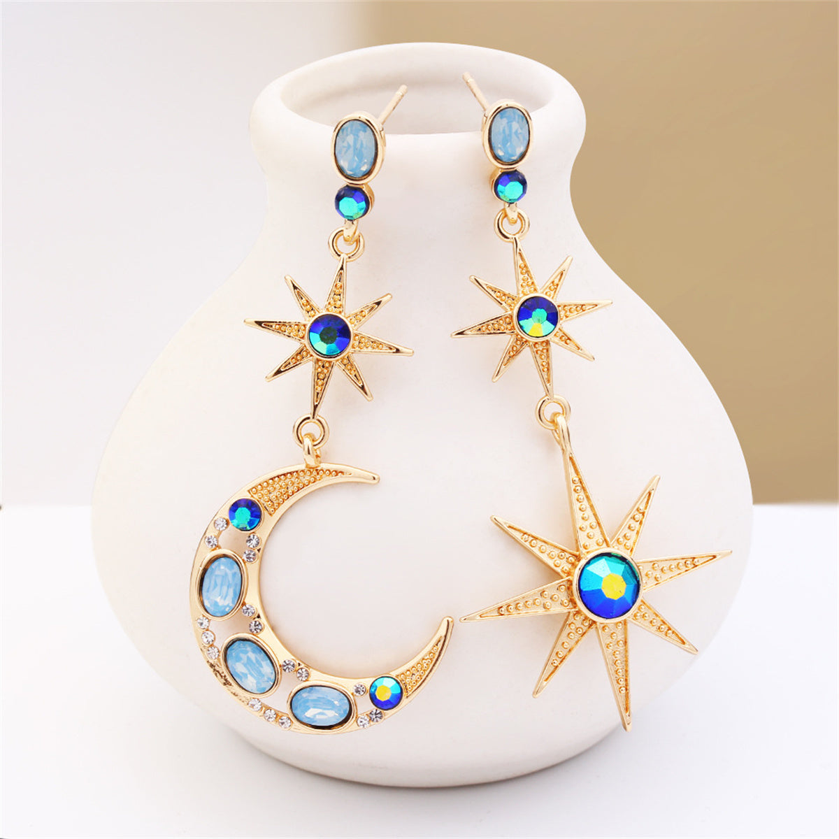 Celestial Moon & Star Drop Earrings Gold Moon Star with crystal and blue tonal colored stone Earrings for Women