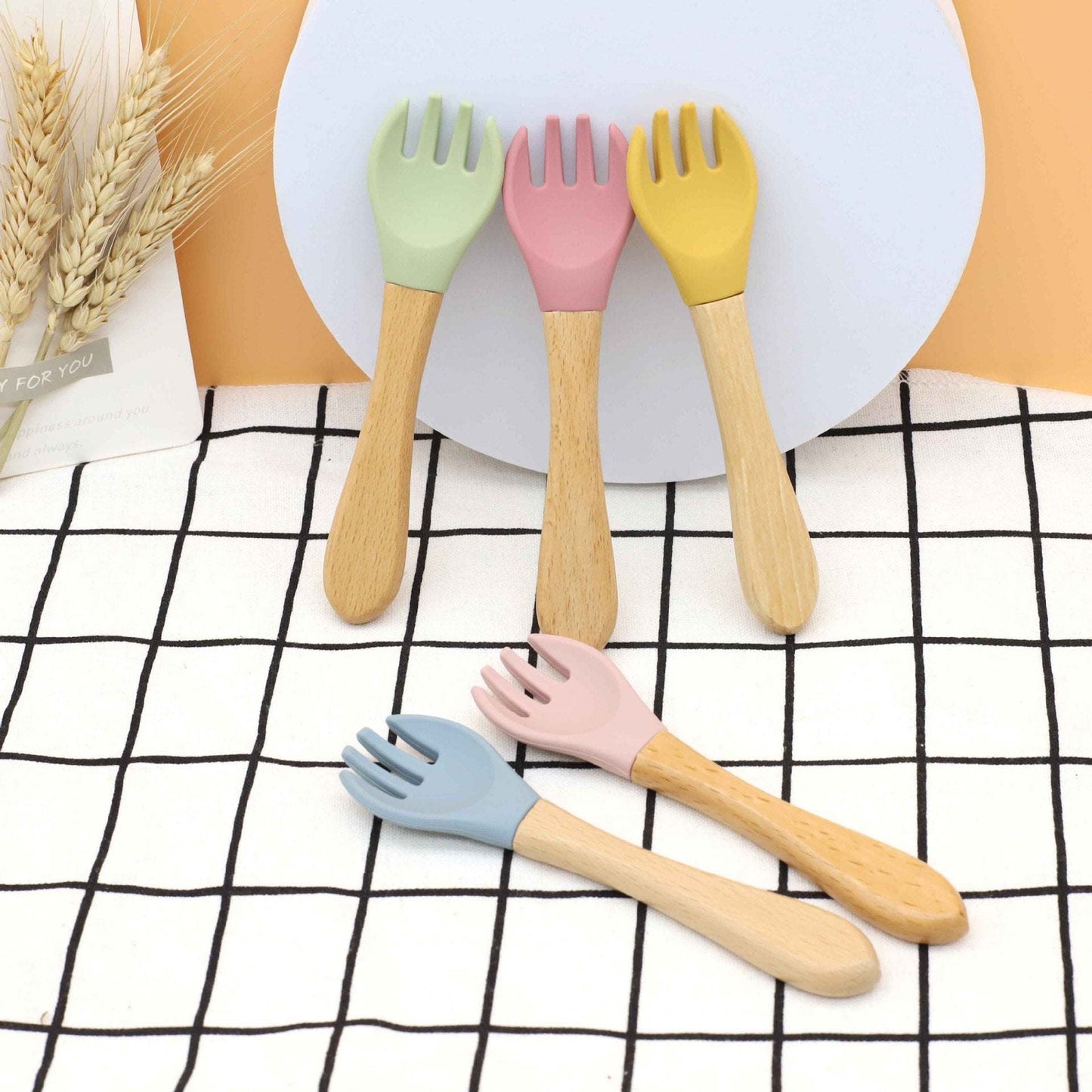 Baby Food Grade Wooden Handles Silicone Spoon Fork Cutlery