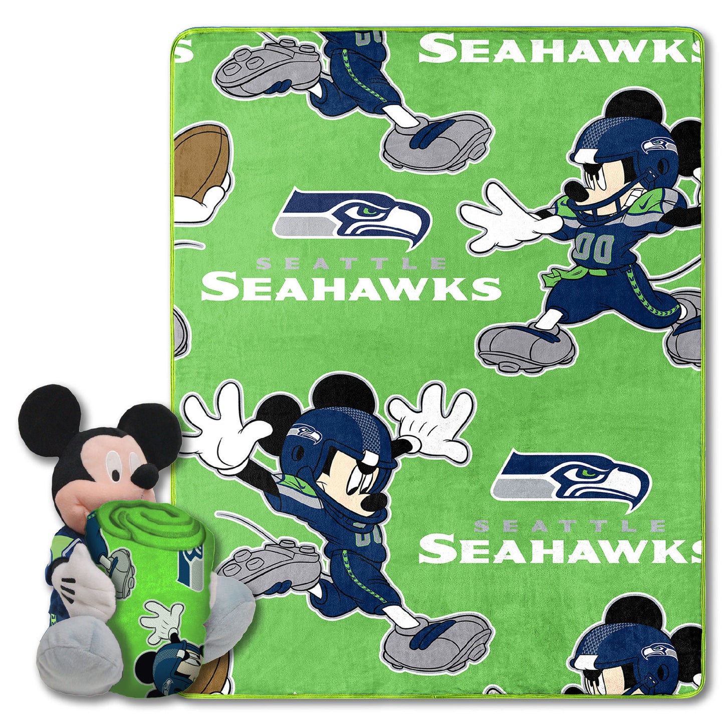 Seahawks OFFICIAL NFL & Disney's Mickey Mouse Character Hugger Pillow & Silk Touch Throw Set;  40" x 50"