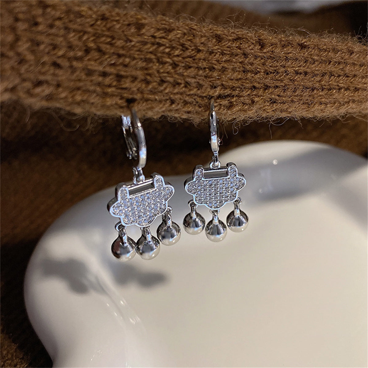 Long Life Lock Earrings Ancient Style S925 Silver Eardrop Earring Chinese Style Classical Temperament Earrings
