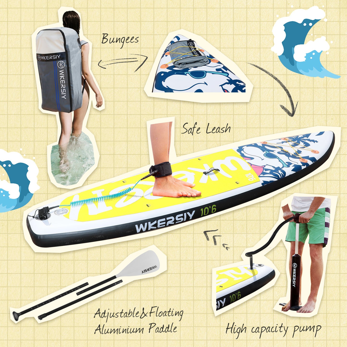 inflatable paddle board 10'6 including sup paddle, paddleboard backpack, pump, leash