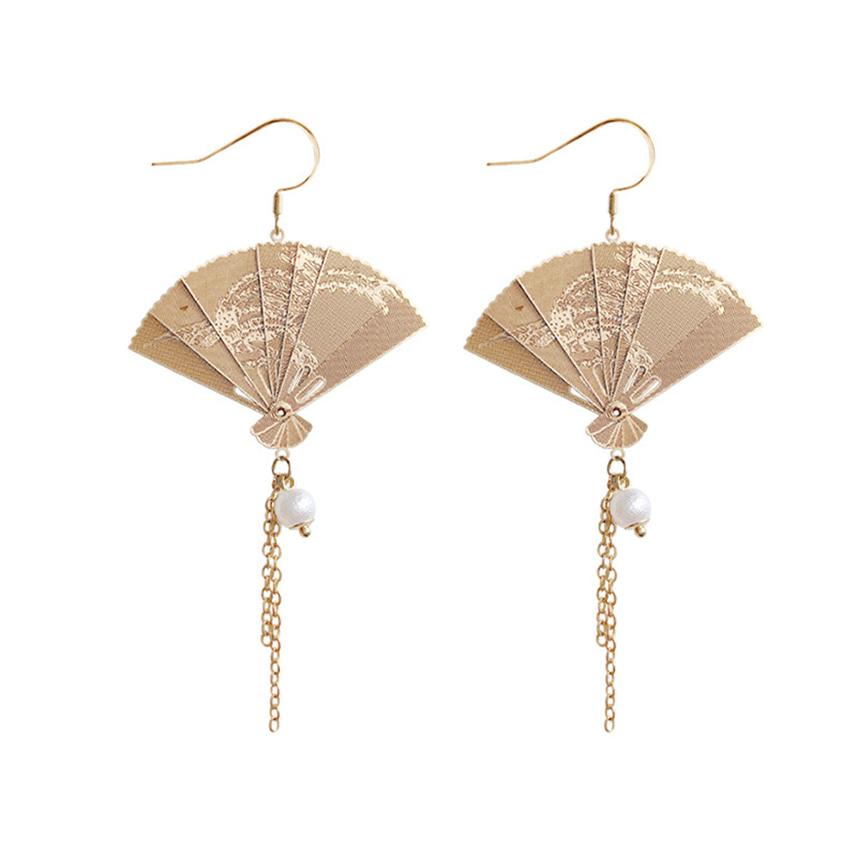 Chinese Style Foldable Fan Earrings Pearl Retro Dangle Earring Tassel Earrings for Women Girls