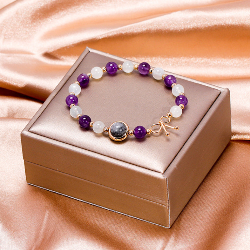 Natural Gemstone Bracelet, Purple Amethyst Bead Gemstone Stretchy Bracelet