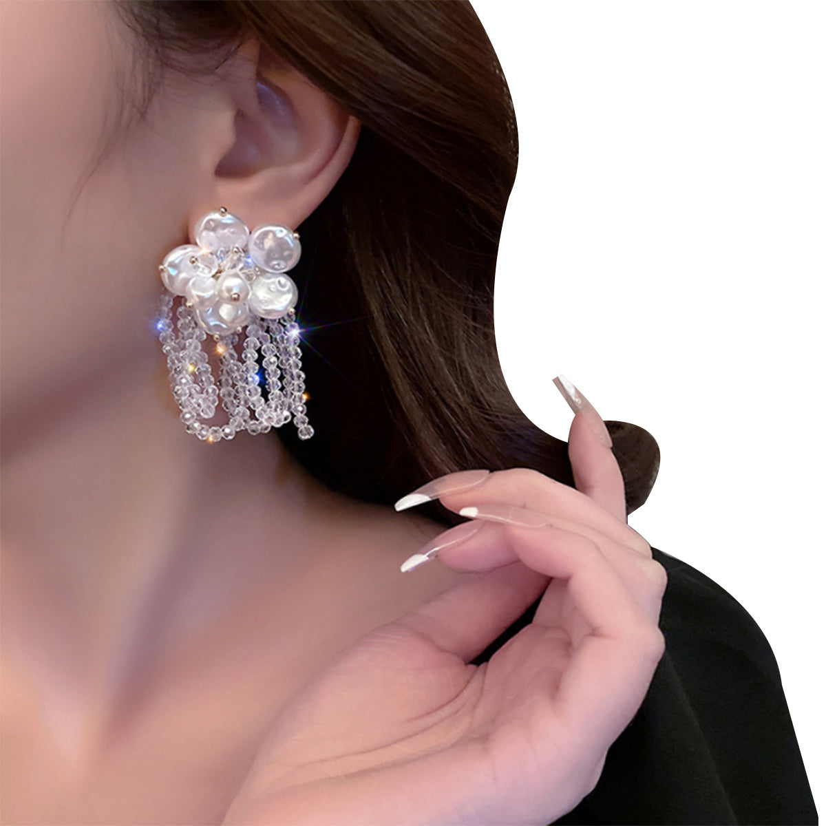 Dainty Crystal Pearl Ball Beads Threader Tassel Chain Dangling Charm Earring