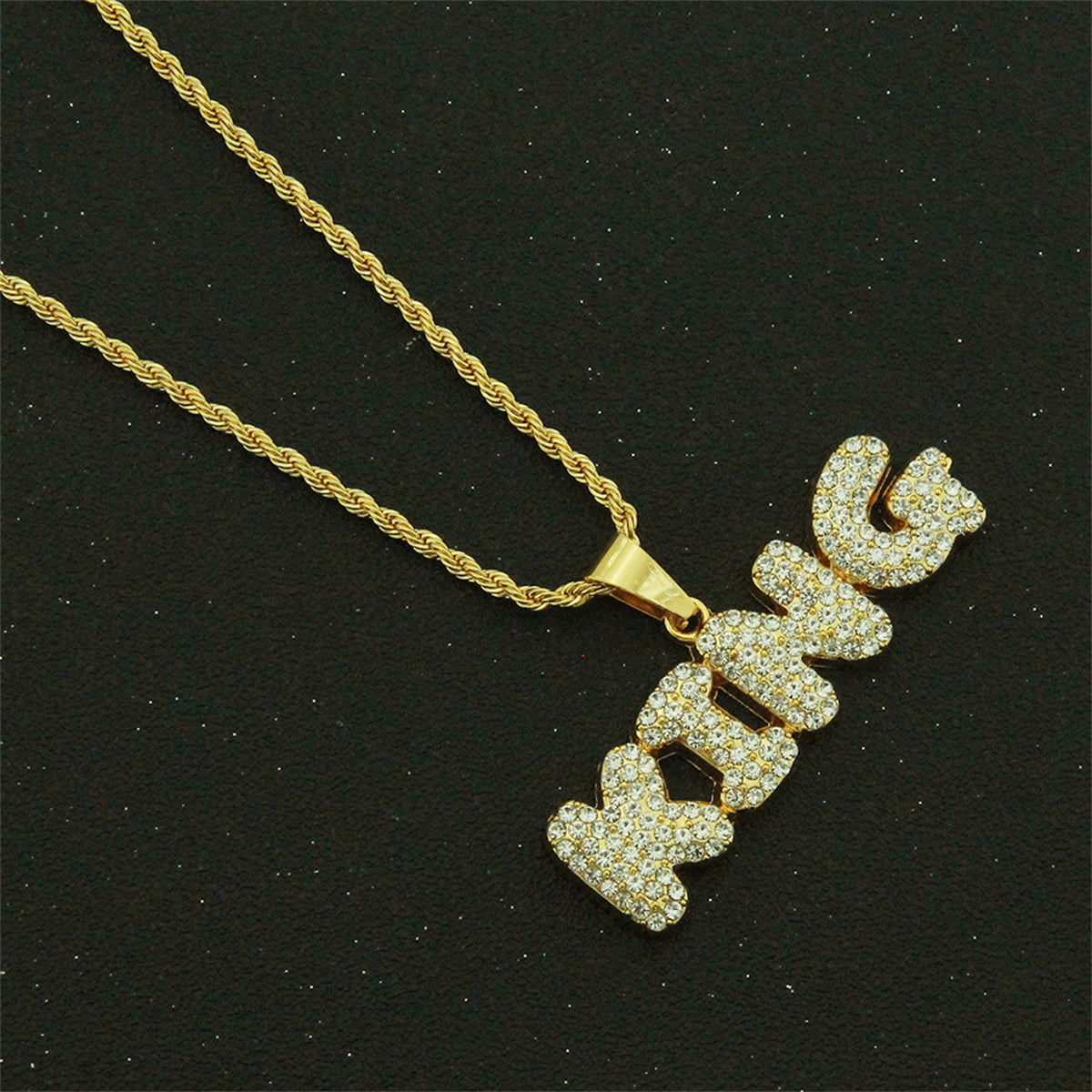 Hip Hop Men's Diamond Alphabet King Pendant Necklace Rock Iced Out Shiny Necklace for Men and Women
