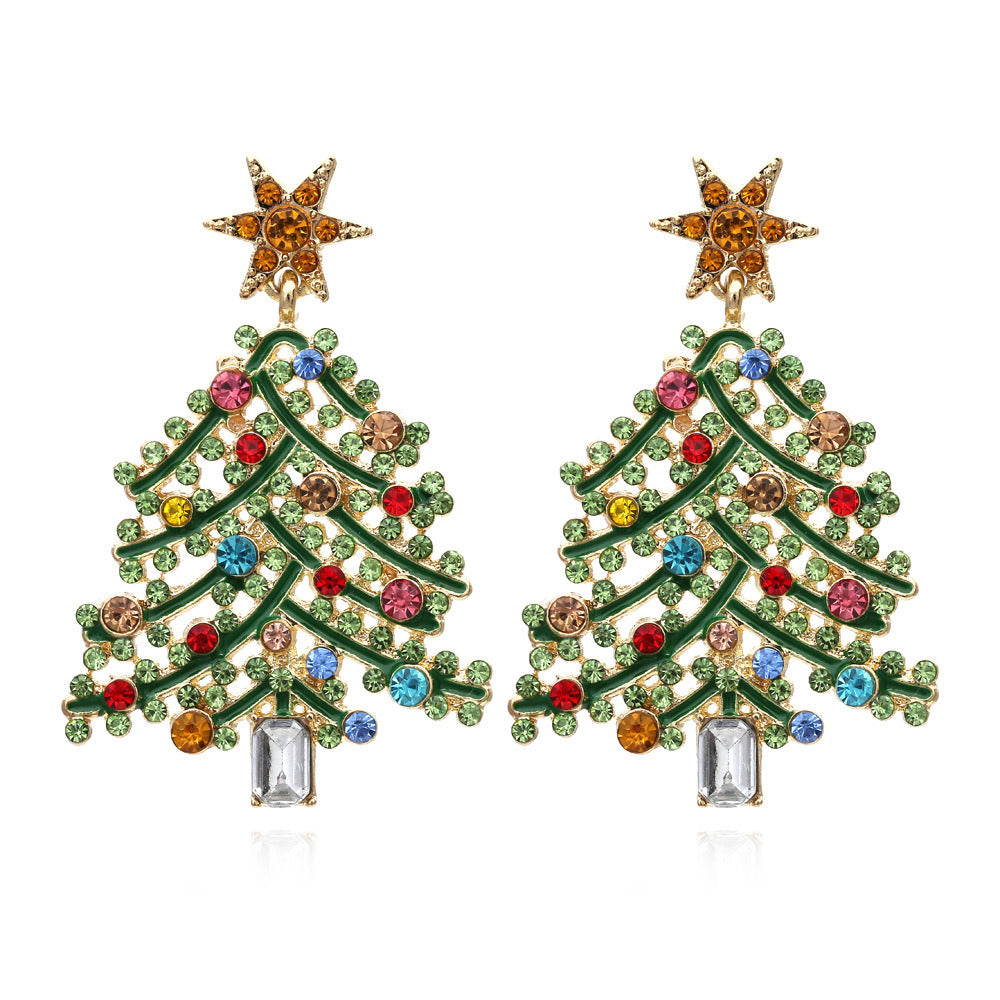 European and American exaggerated creativity hollow out diamond inlaid Christmas Tree Earrings
