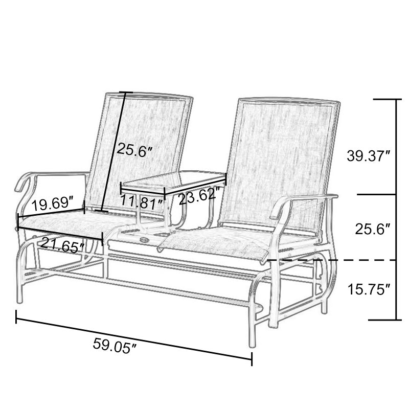 2-Person Outdoor Glider Bench;  Patio Glider Bench with Center Side Table;  Loveseat Glider Chair for Porch;  Garden;  Poolside;  Balcony