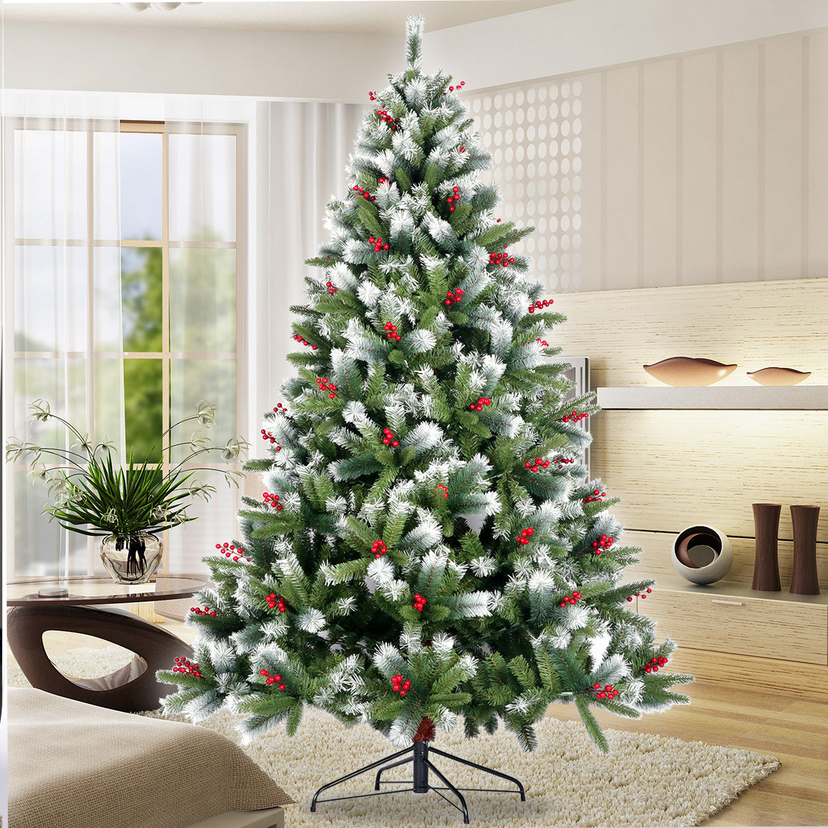 Artificial Christmas Tree Flocked Pine Needle Tree with Cones Red Berries 7.5 ft Foldable Stand