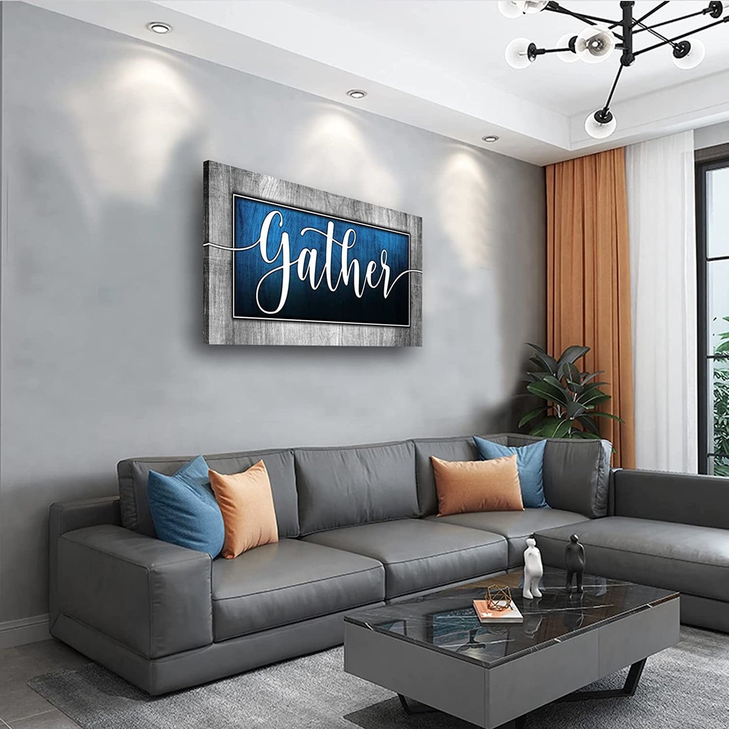 Wall Art for Living Room|Gather Signs for Home Decor|Gather Wall Decor|Blue Canvas Print Poster Painting Picture Artwork|Dining Room Wall Decor|Ready to Hang 20"X40"